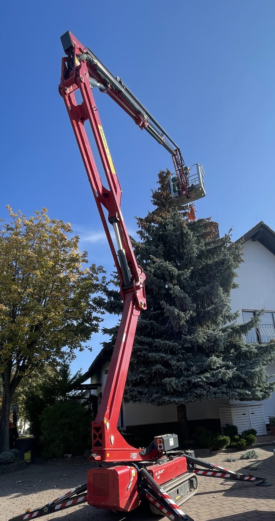 Roter Raupen-Hubsteiger auf Pflaster, der Korb an der Spitze einer hohen Fichte neben einem Wohnhaus