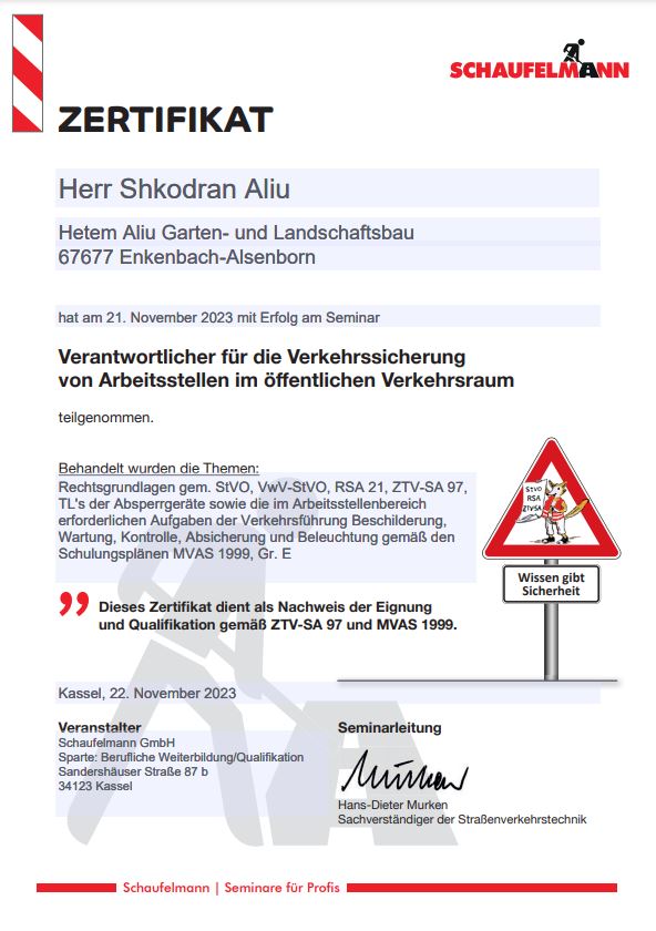 Zertifikat Verkehrssicherung